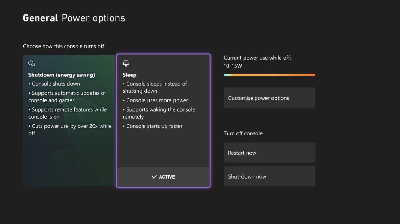A screenshot of the Power Options for an Xbox Series X with Sleep mode active 