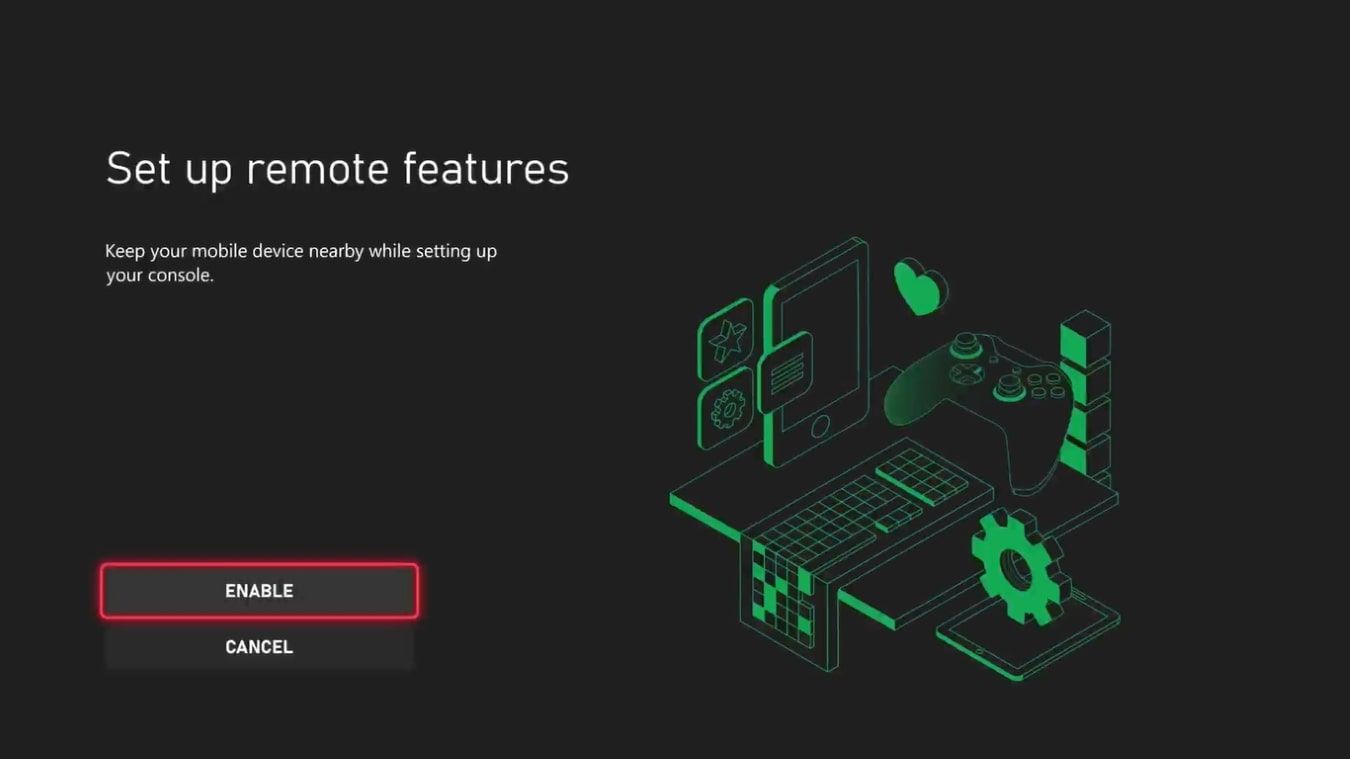 A screenshot of the Remote Features prompt that appears when connecting your Xbox to a mobile device on an Xbox Series X 