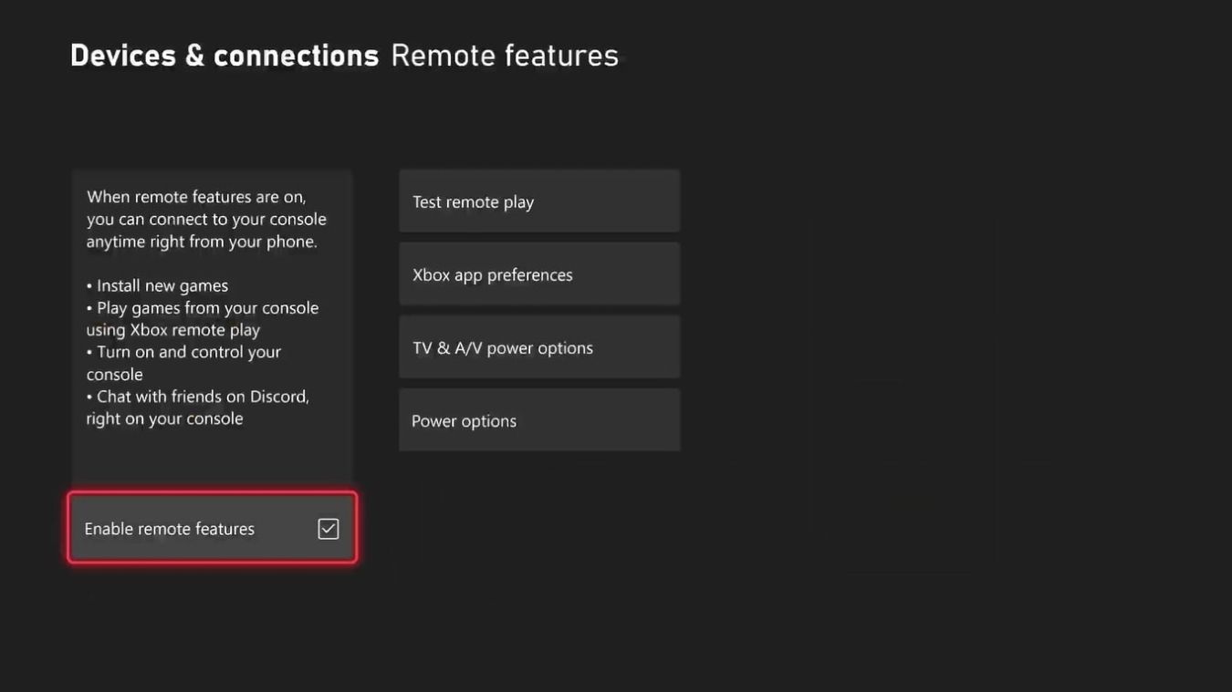 A screenshot of the Remote Features options on Xbox Series X with Enable Remote Features highlighted 