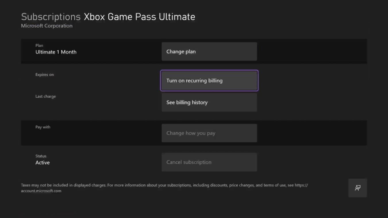 A screenshot of the options for Xbox Game Pass on Xbox Series X with Turn On Recurring Billing highlighted 