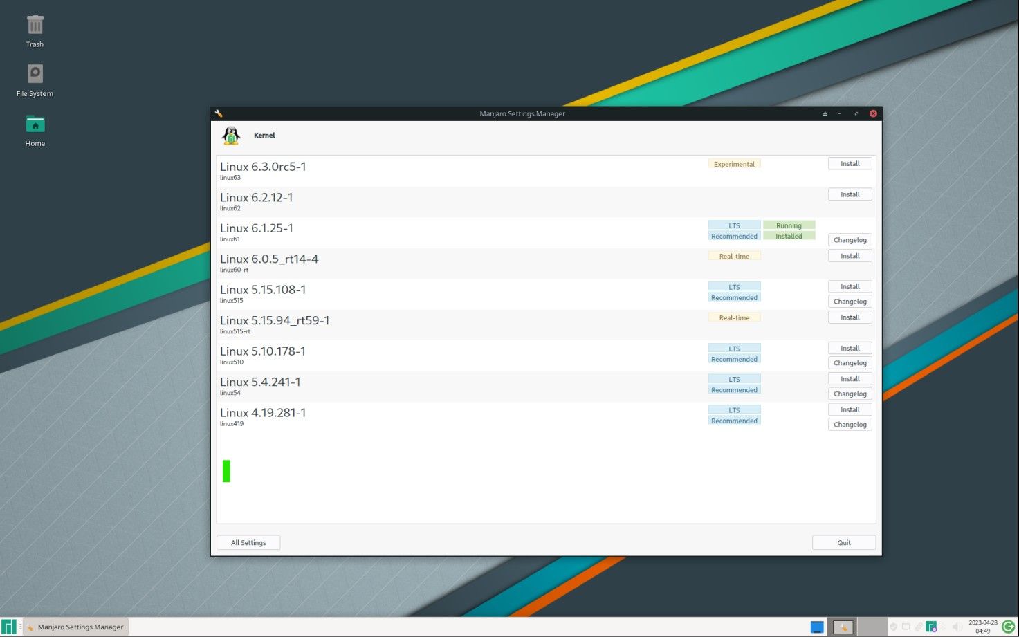 Xfce kernel settings box on Manjaro Talos desktop