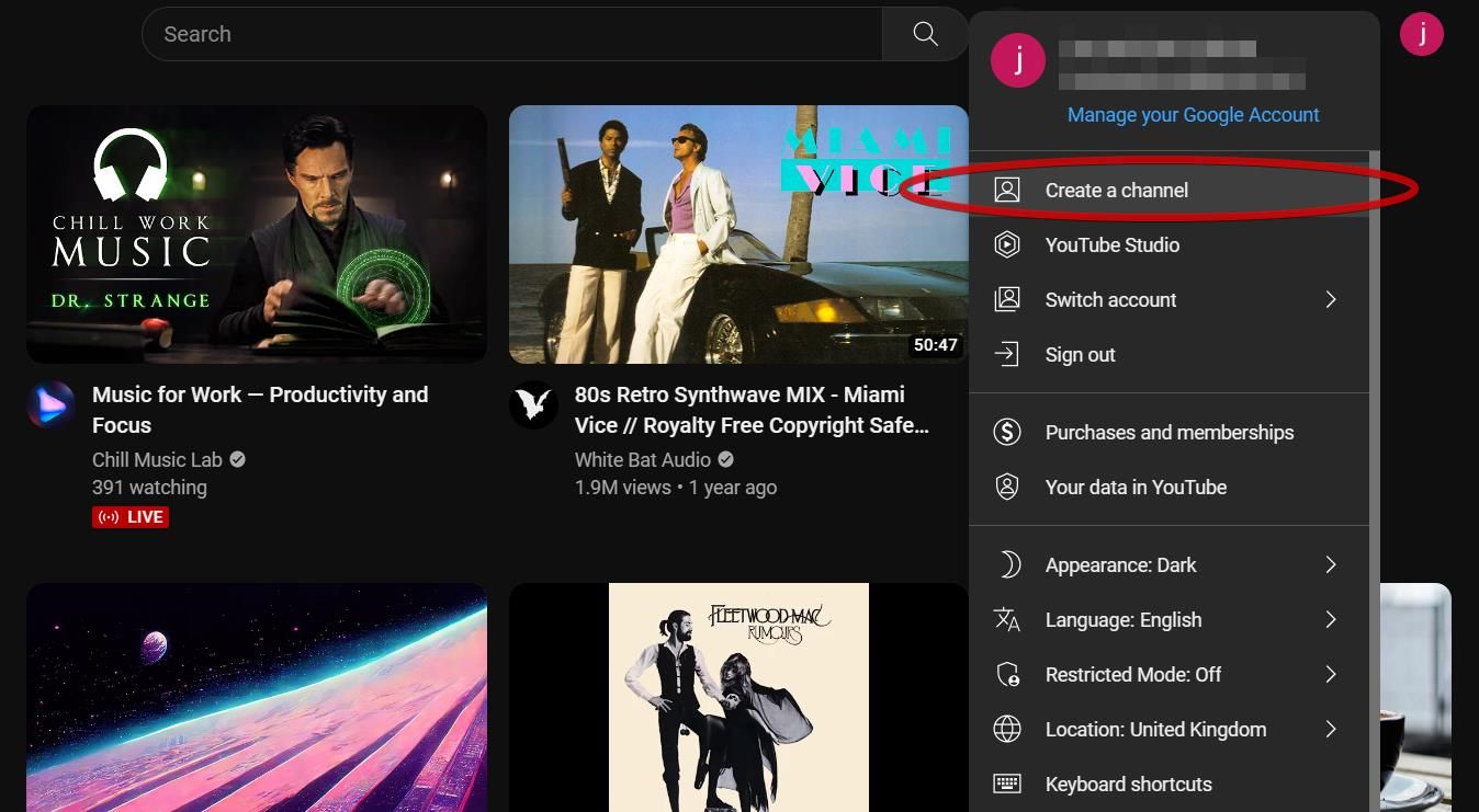 YouTube create a new channel option
