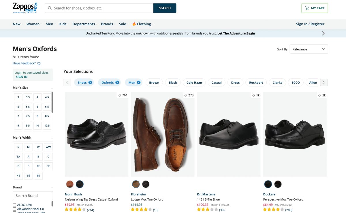 Zappos website featuring shoes