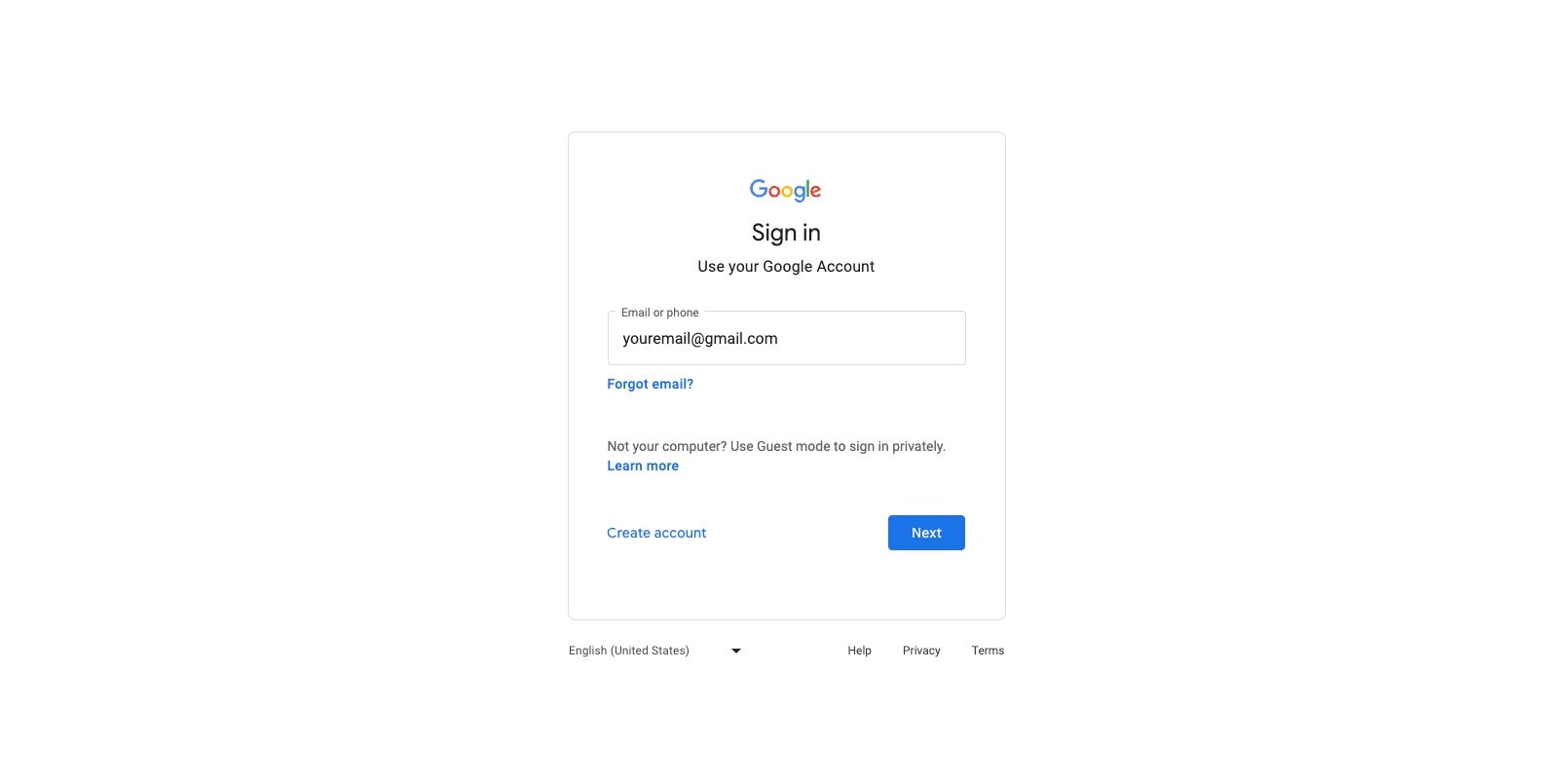 Google account sign in page