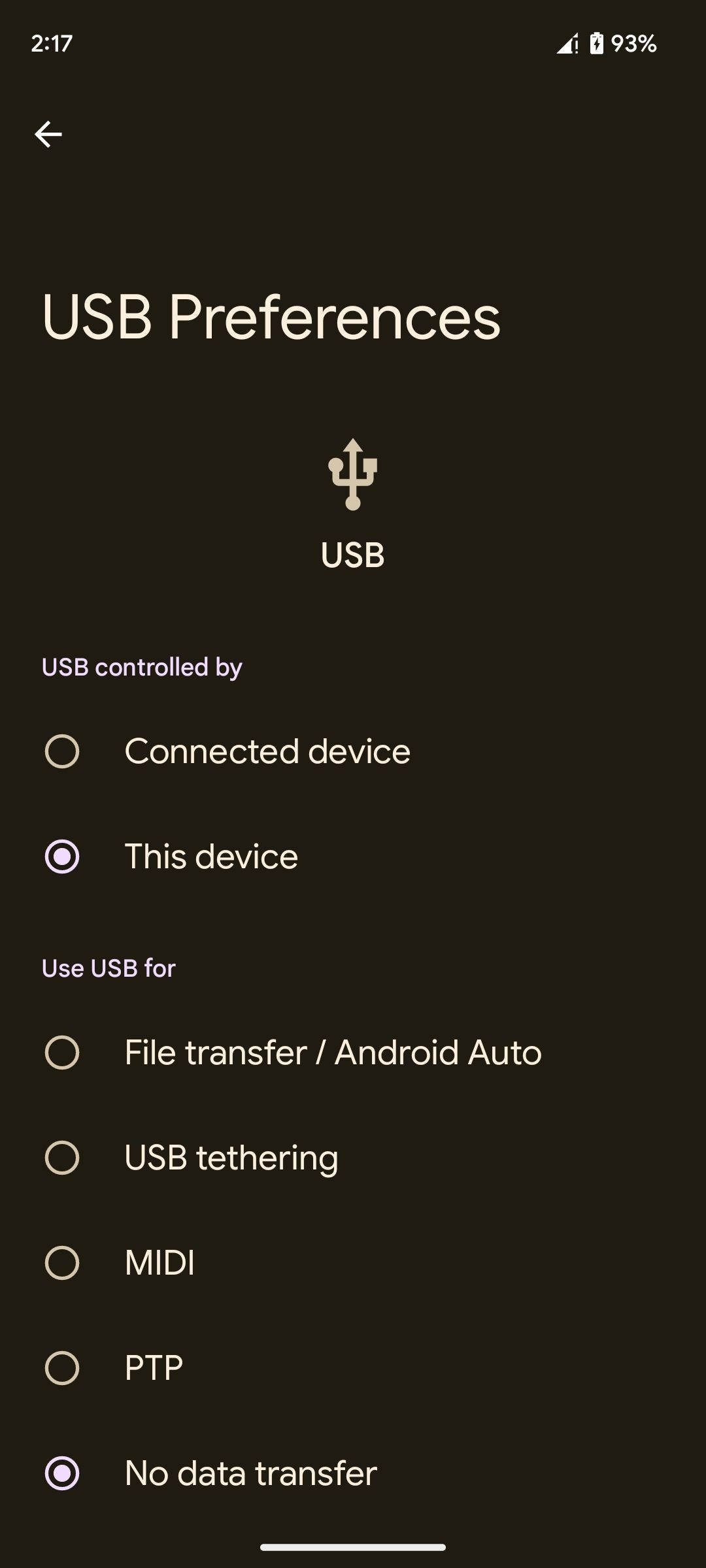 USB preferences settings page on Android