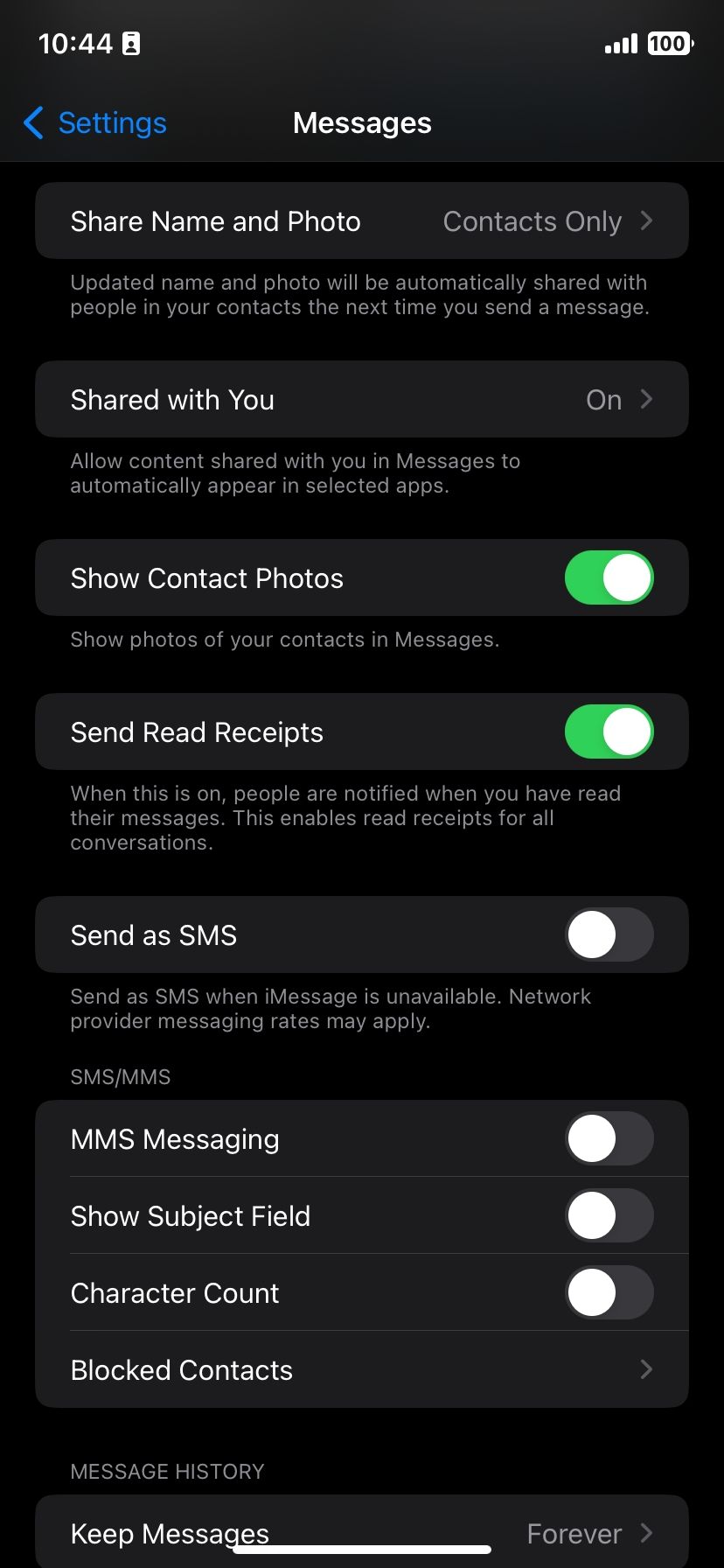 Messages settings in iOS