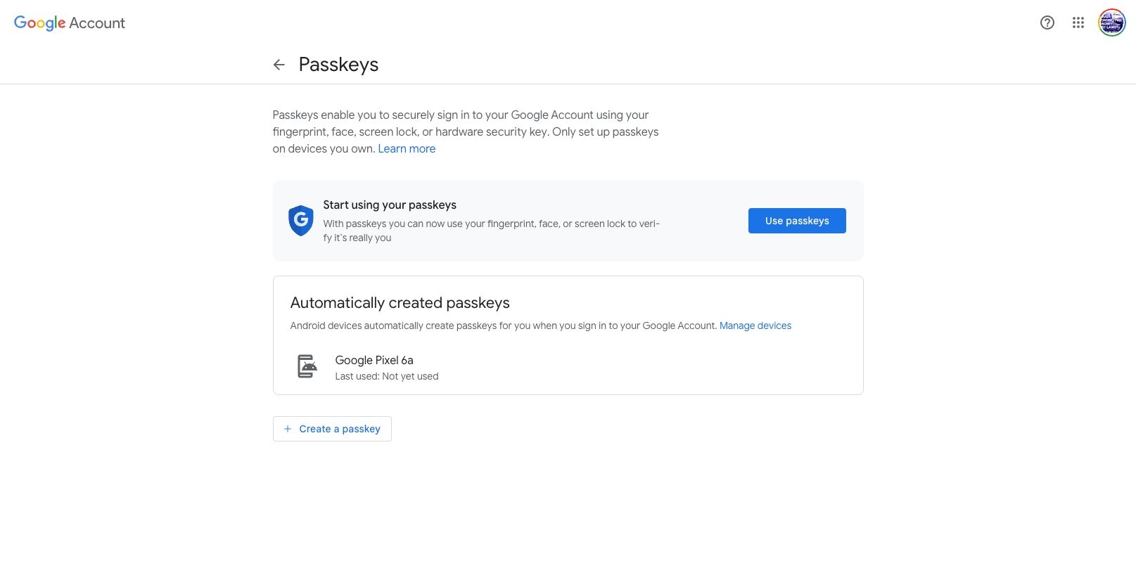 Use passkeys option in Google security settings