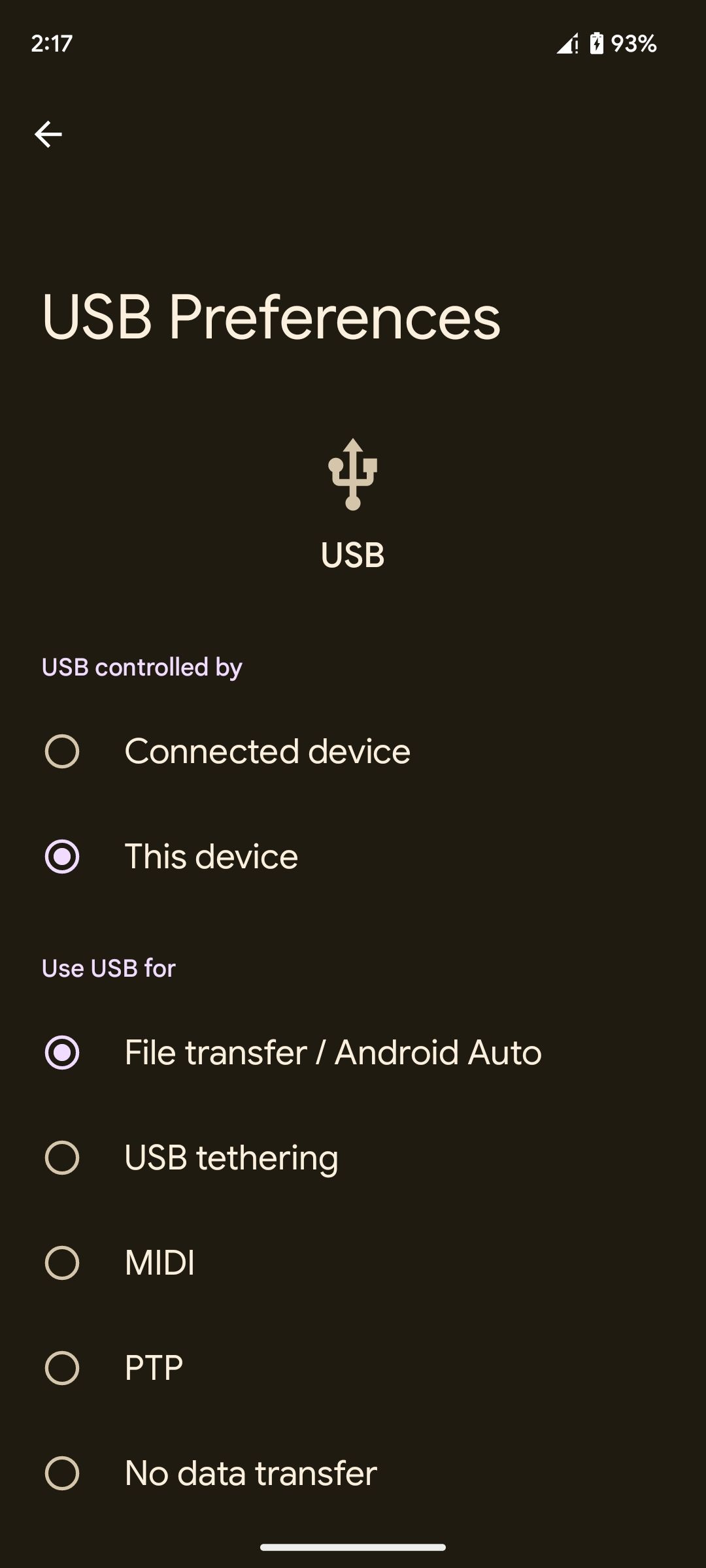File transfer mode enabled in USB preferences settings
