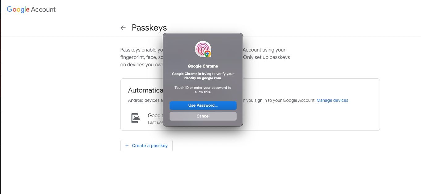 Verifying identity to create a passkey on a Google account