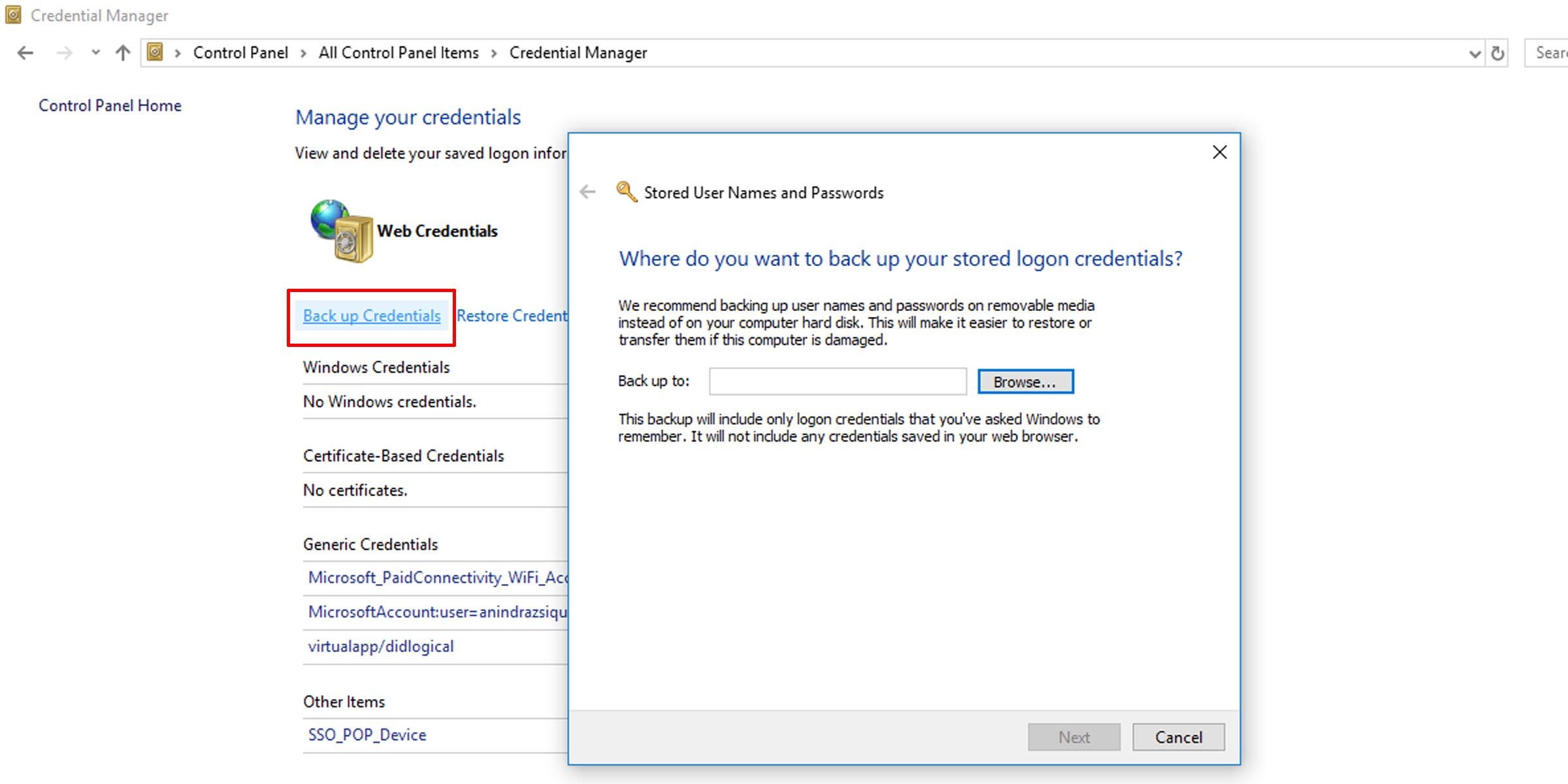 How to make a copy of you Windows credentials