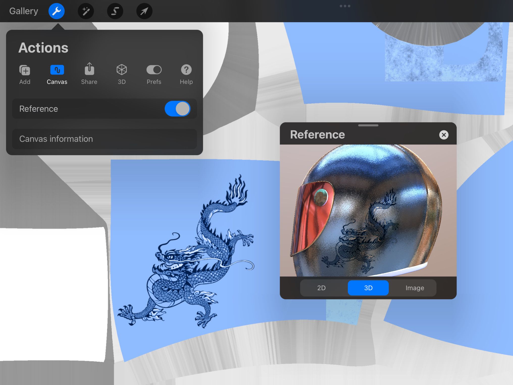 بافت دوبعدی کلاه آبی با اژدها و مرجع سه بعدی در Procreate
