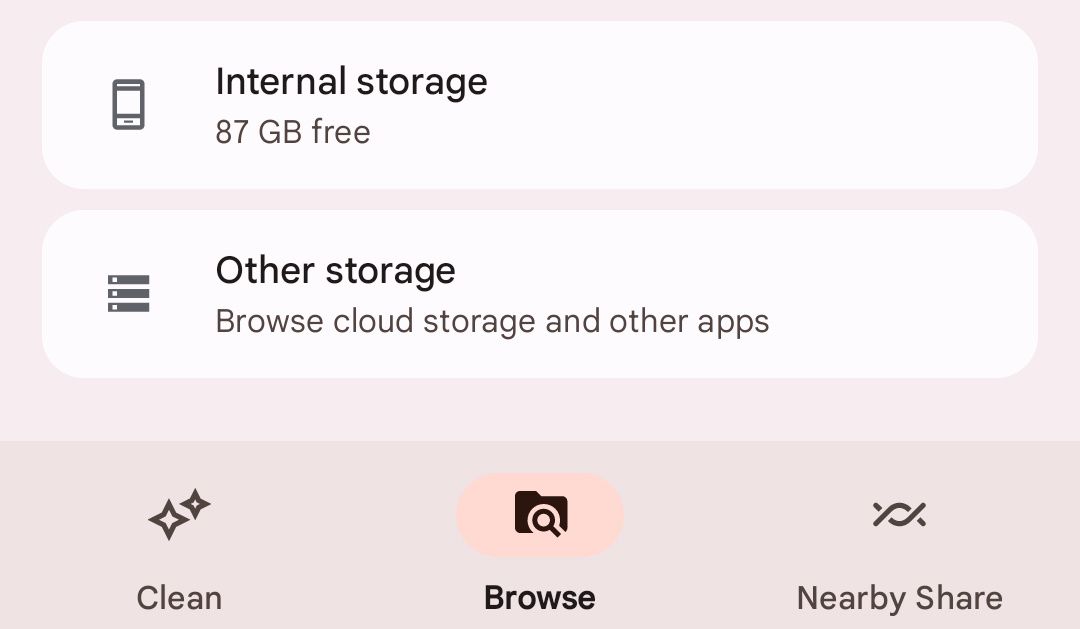Storage location options in Google Files.