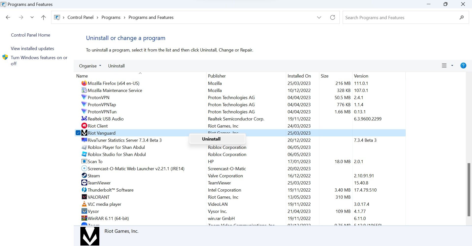Gỡ cài đặt Riot Vanguard khỏi Bảng điều khiển Windows