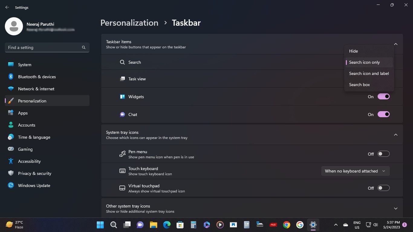 Switch from Search box to Search icon in Taskbar Settings