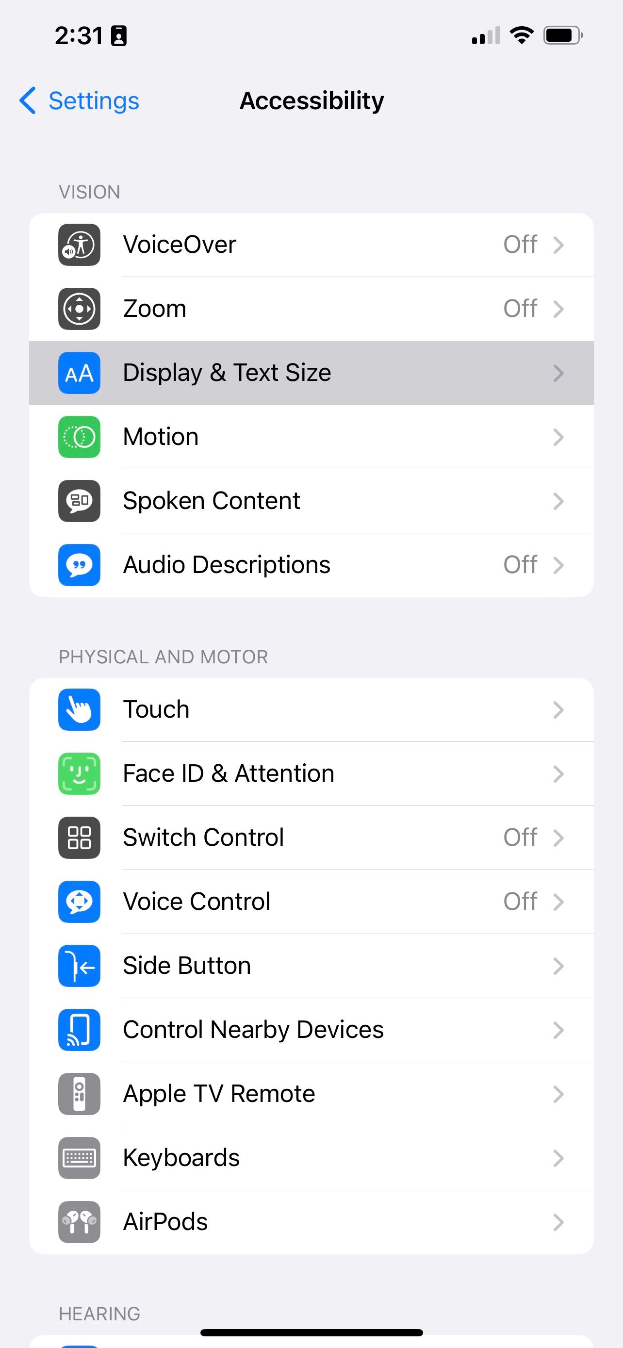 Location of Diplay & Text Size setting in iPhone accessibility
