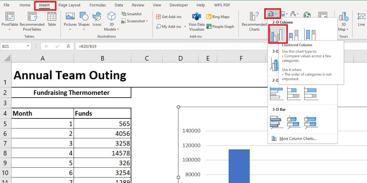 Showing how to insert a 2D Clustered Column Chart in Excel next to the table
