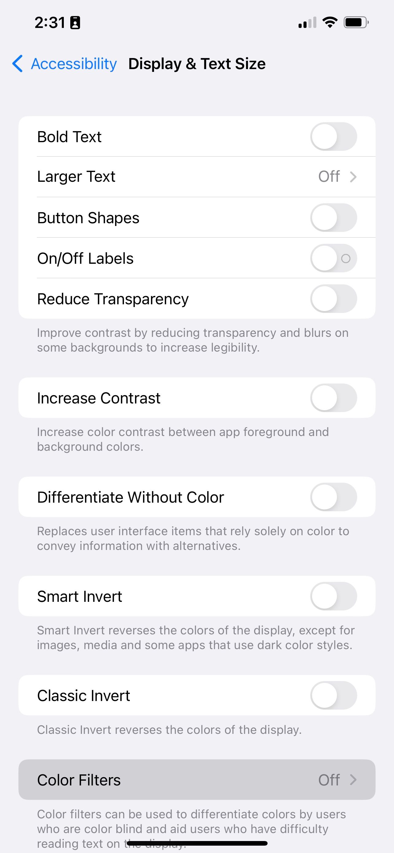 Location of color filters setting in iPhone accessibility