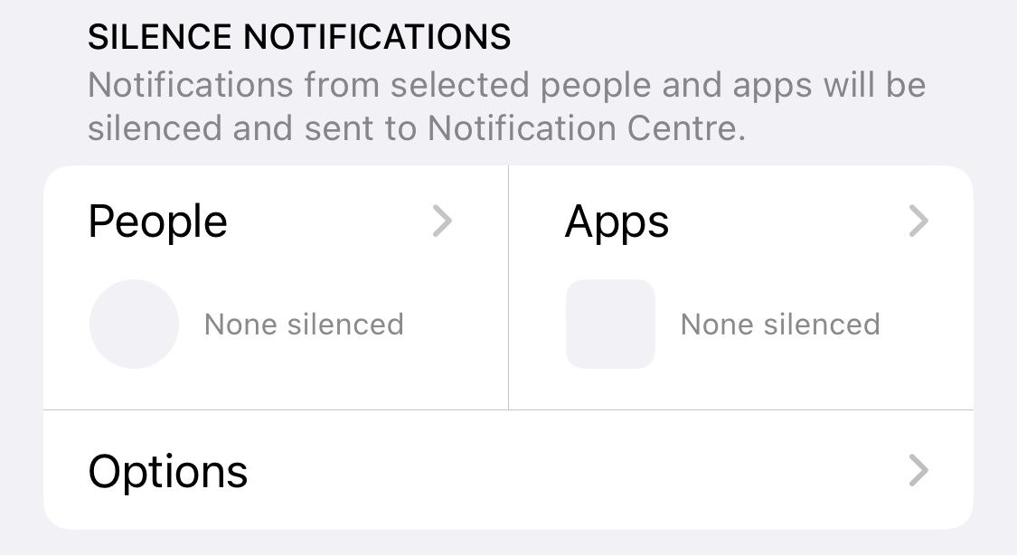 Focus mode settings with no people or apps silenced