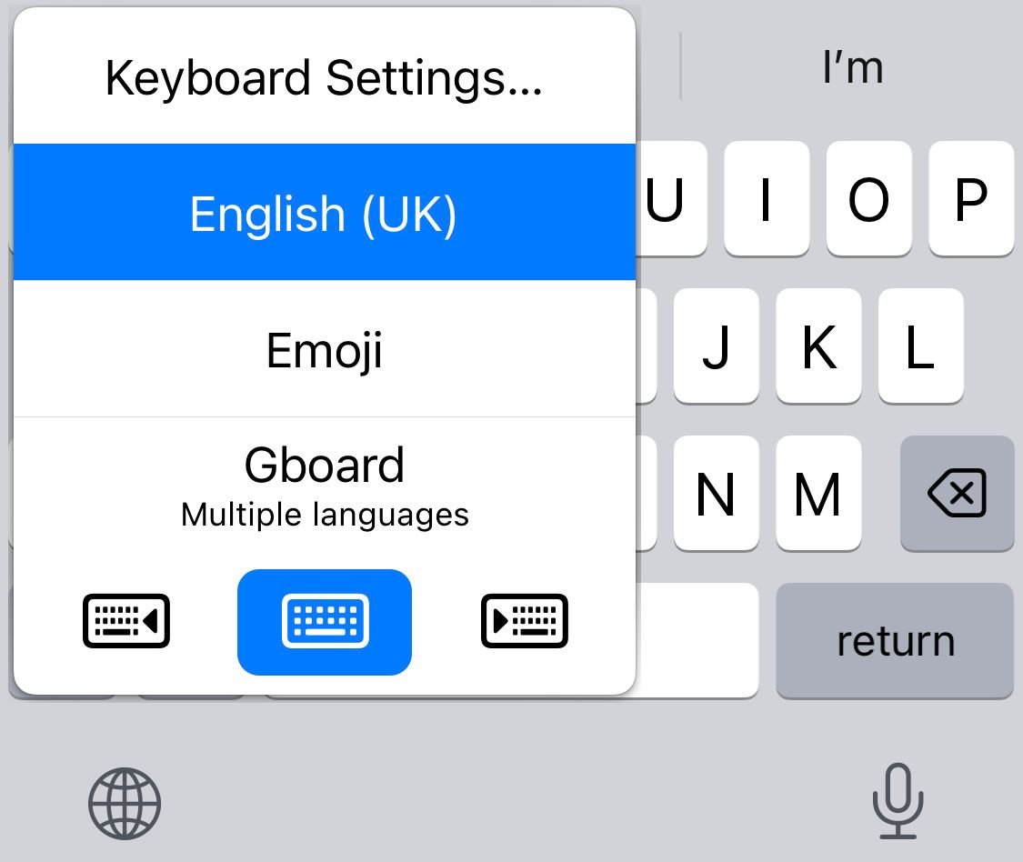 Memilih keyboard bahasa Inggris di iPhone.