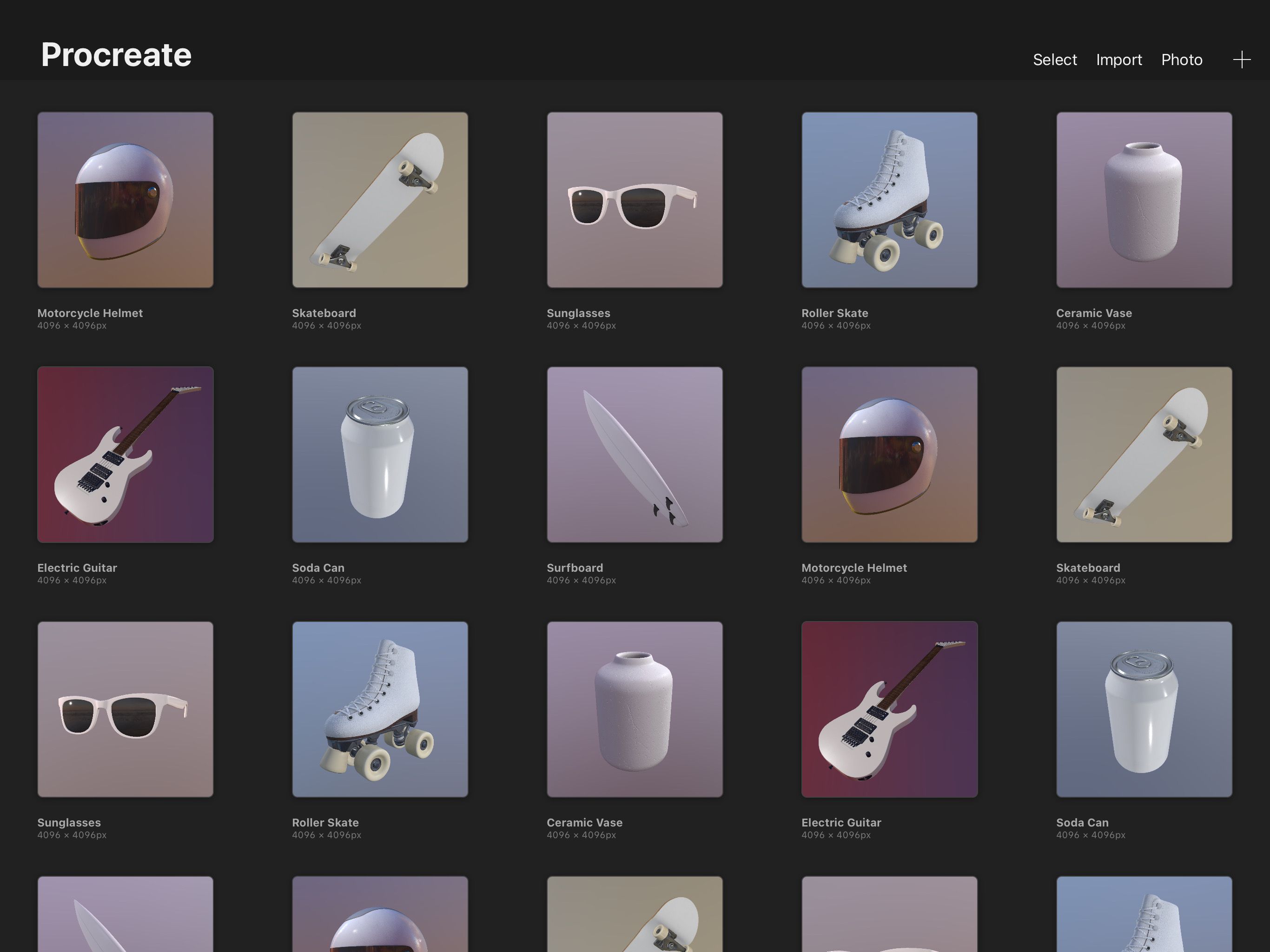 گالری انواع مدل های سه بعدی Procreate ویرایش نشده، از جمله قوطی، عینک آفتابی و گیتار
