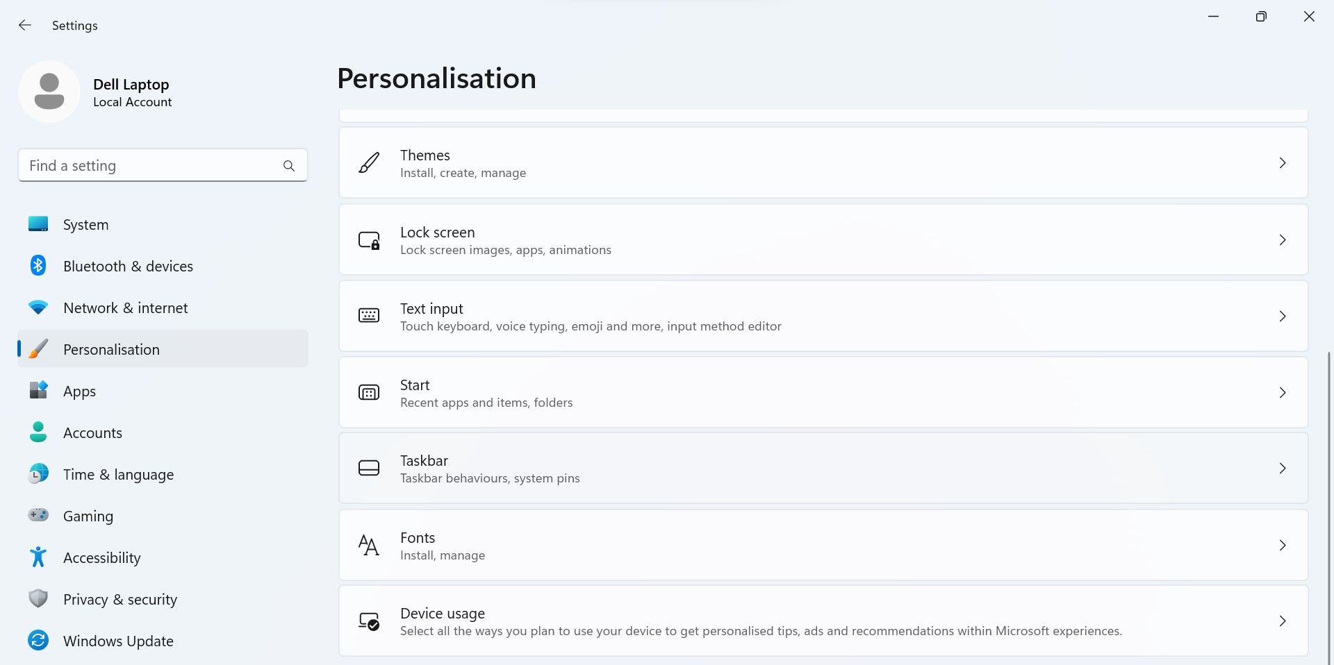 Go to Taskbar Settings in the Personalization Tab of Windows Settings App