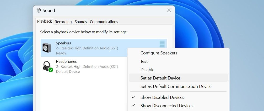 Tetapkan Perangkat Keluaran Audio Utama Anda Sebagai Default di Tab Pemutaran Pengaturan Suara Lainnya