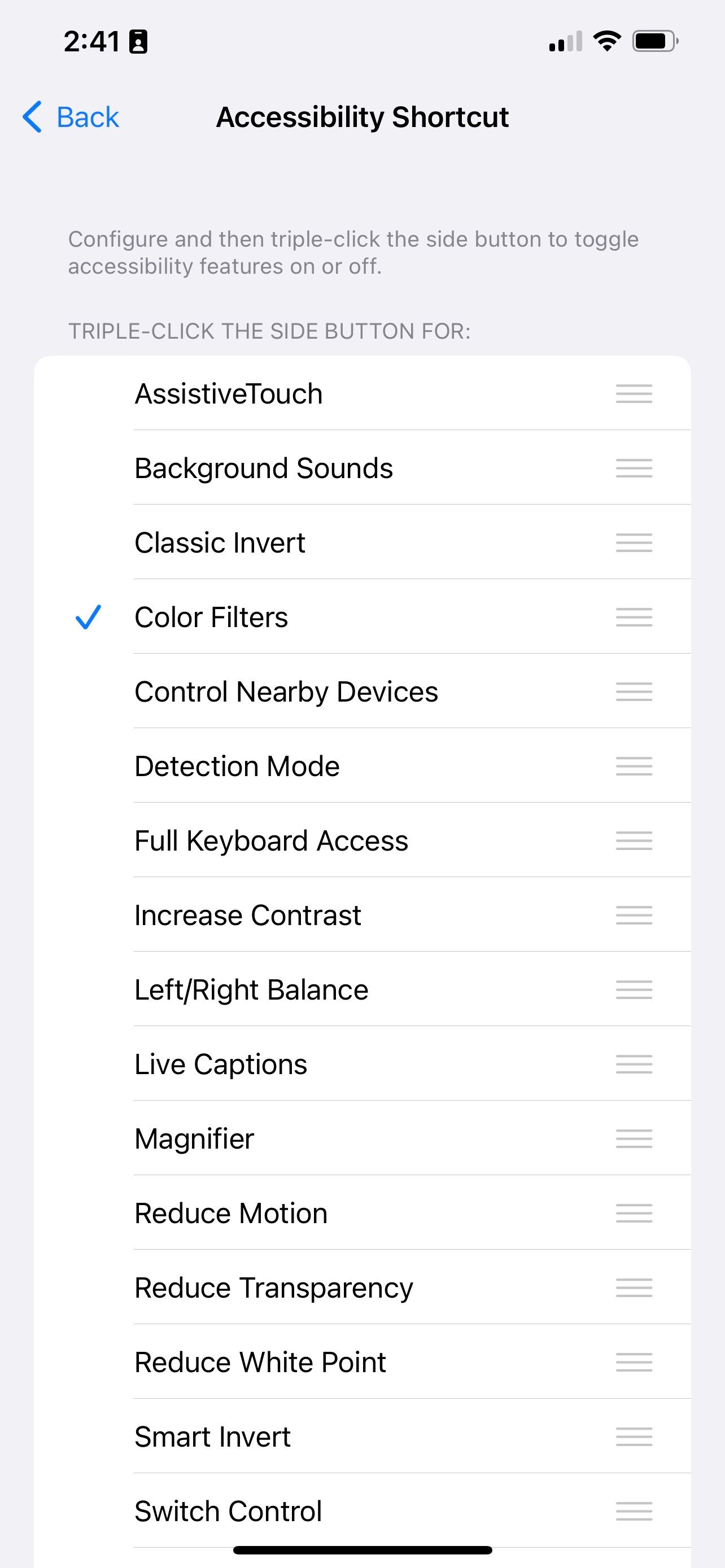 Setting color filters as the accessibility shortcut