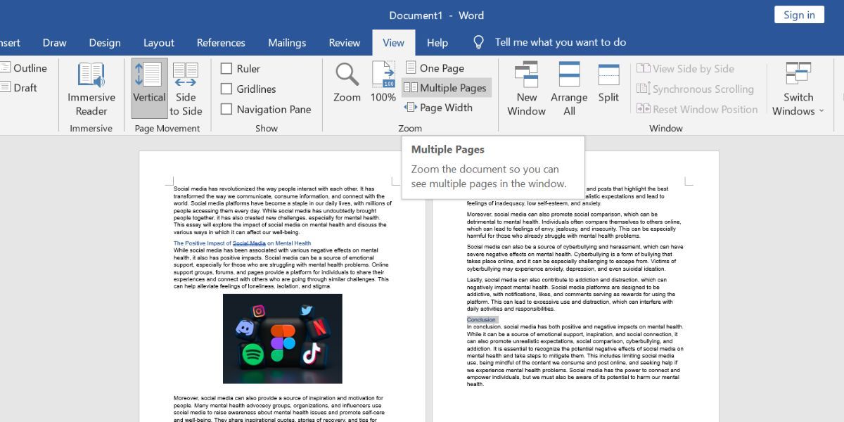 view multiple pages in ms word