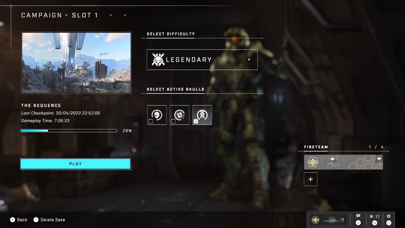 A screenshot of the Save Slot options for a save in Halo Infinite with the option for Play highlighted 