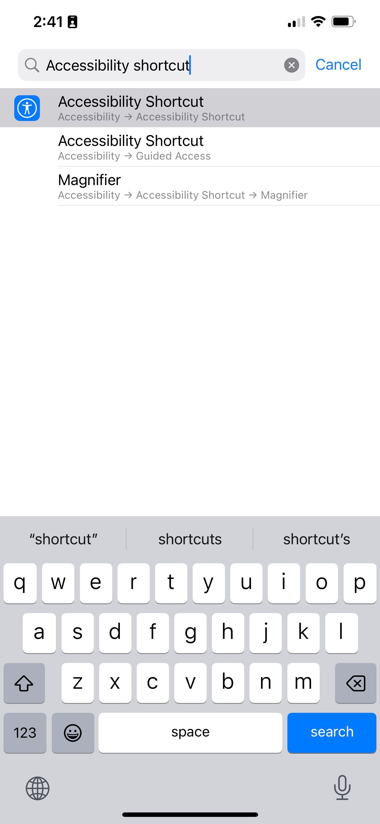 Alternative method to find the accessibility shortcut via search in settings