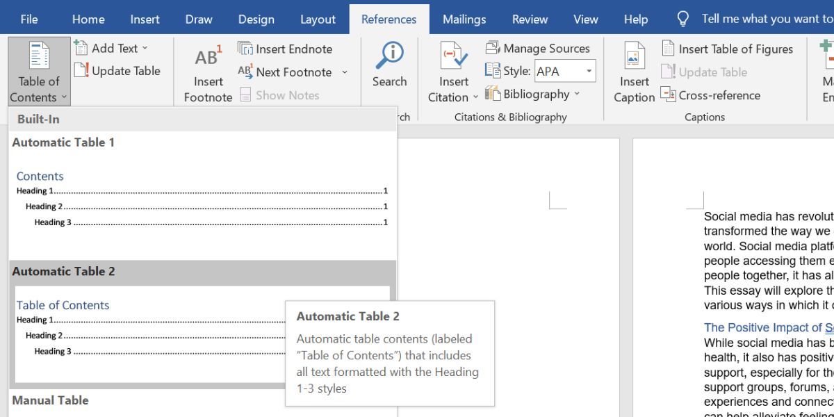 create table of contents in ms word