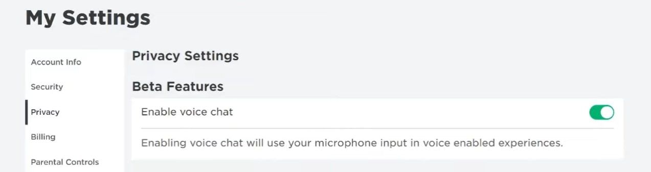 گزینه Voice Chat Toggle را در تب Privacy در Roblox فعال کنید