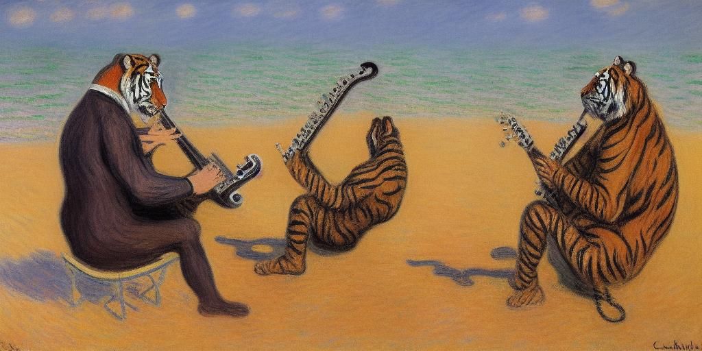  a band of musical tigers on a beach in the style of French Impressionist Claude Monet