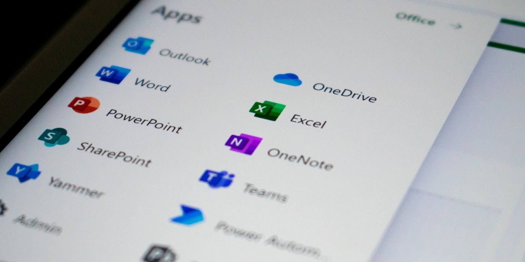 A close up of Office apps on a screen