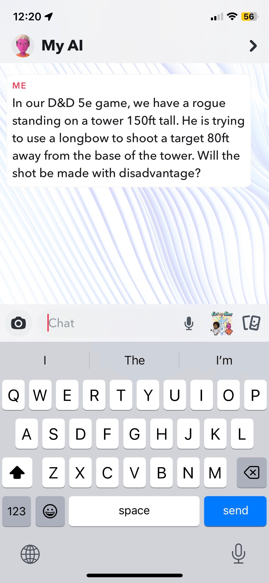 تصویری از درخواست D&D 5e در چت My AI