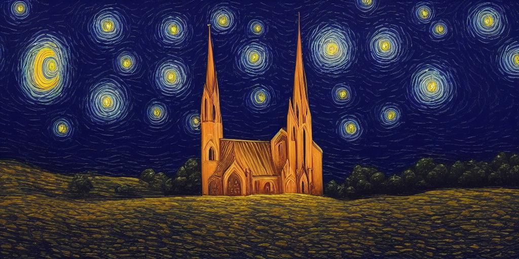 A starry night with a church in the foreground in the style of van gogh