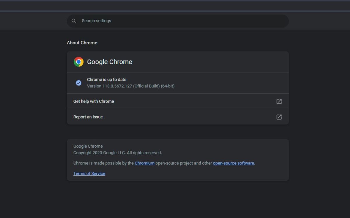 A screenshot of the About Chrome page in Settings showing the latest version of Chrome