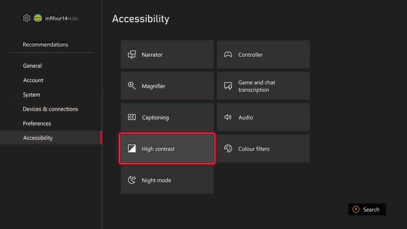 تصویری از گزینه‌های دسترسی در Xbox Series X با کنتراست بالا برجسته شده است