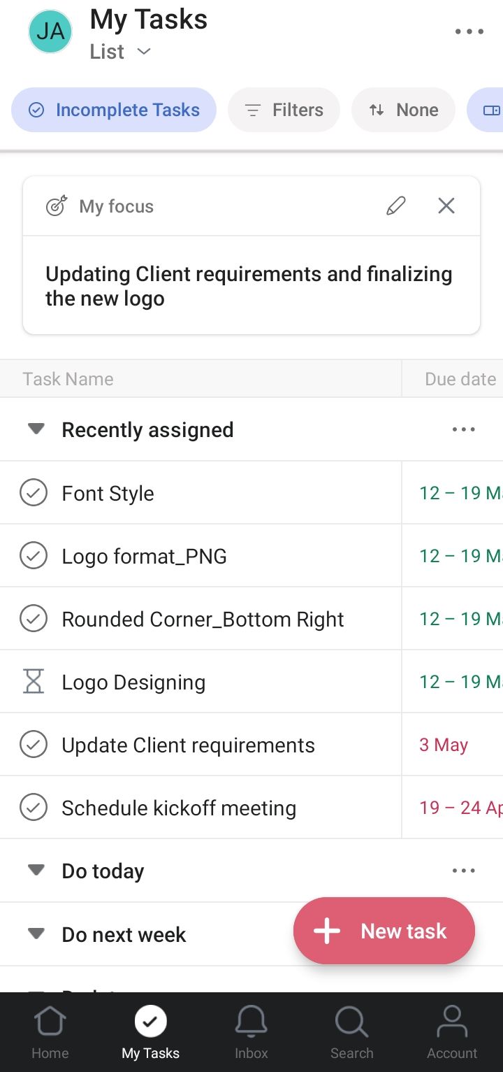 Asana mobile app showing tasks list