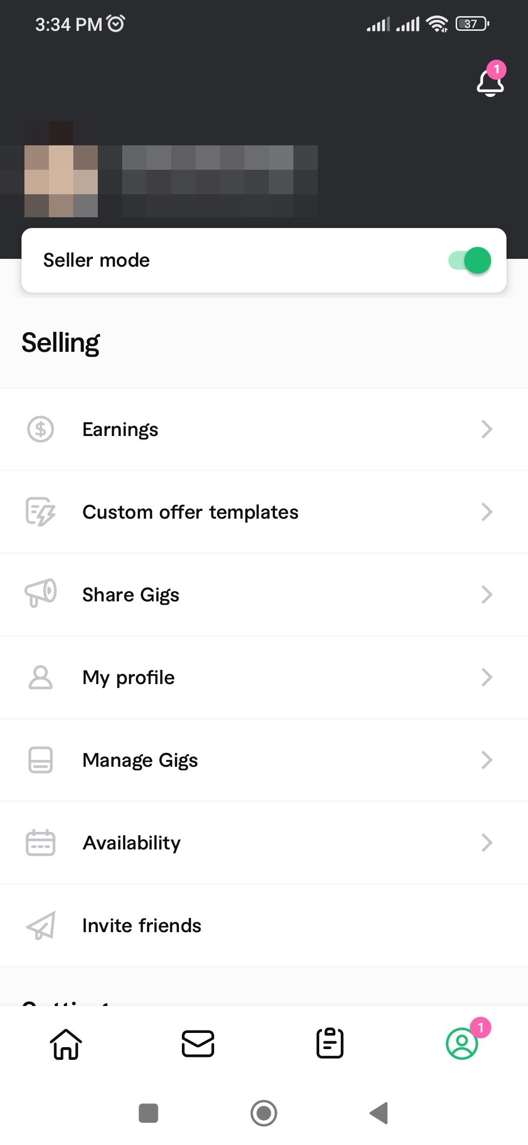 Account menu and settings in the Fiverr app
