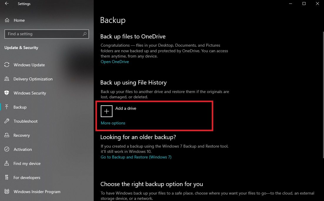 Add a drive in the Backup page