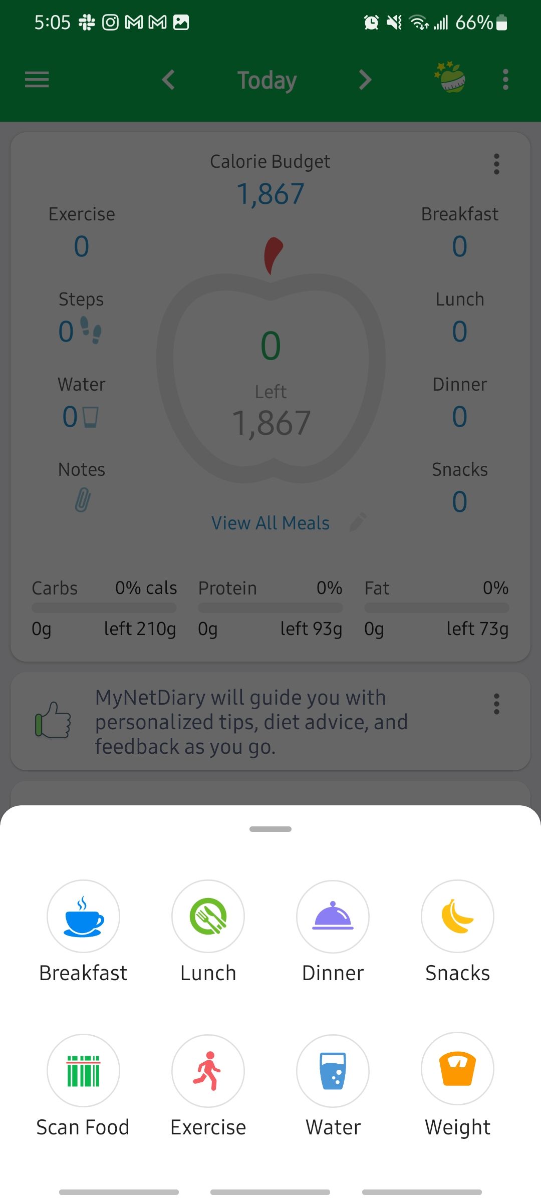 adding a new meal or exercise in mynetdiary app