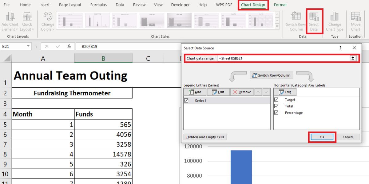Showing how to Add Data to a 2D Clustered Column Chart in the chart design tab