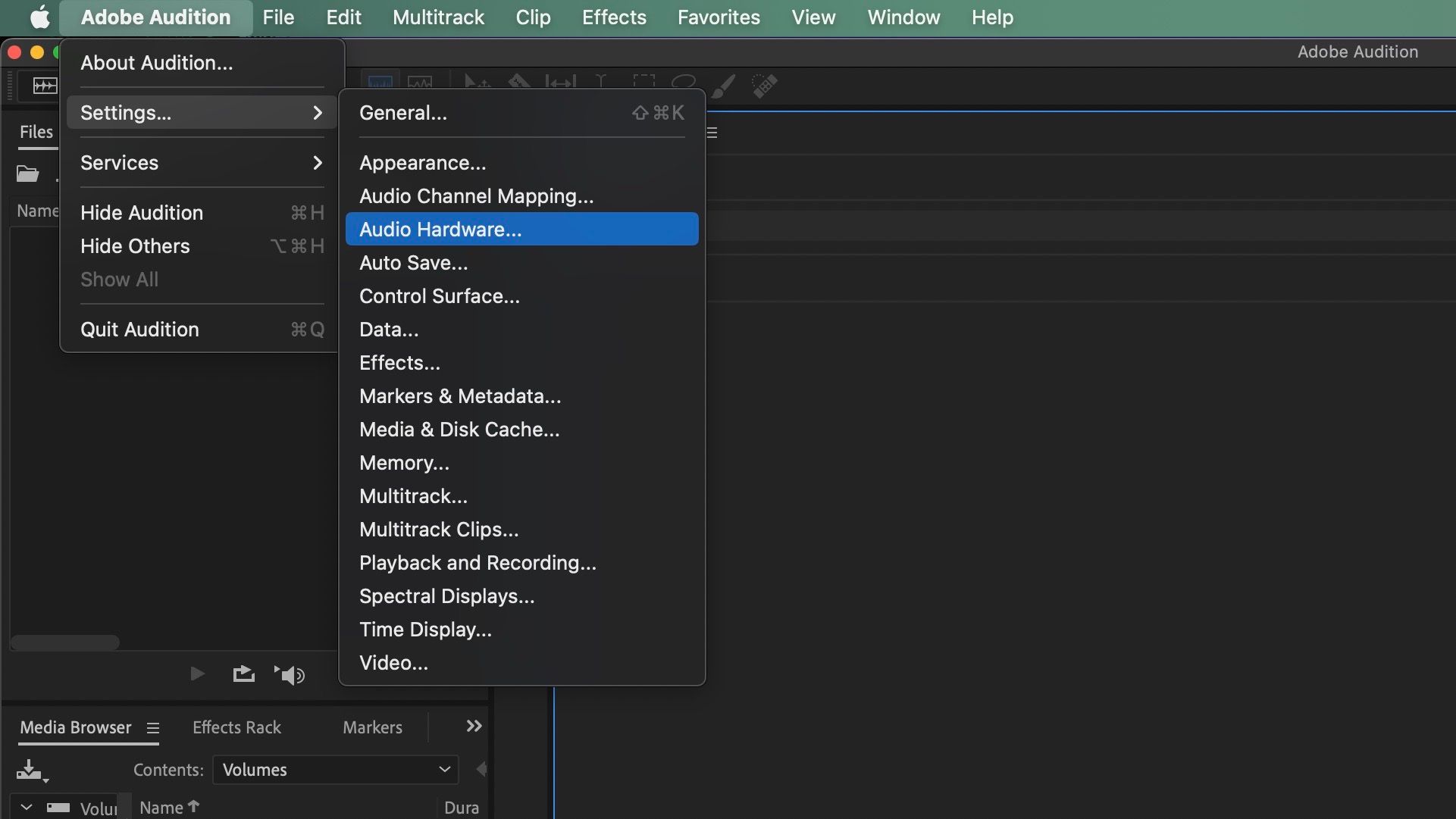 Settings menu in Adobe Audition with Audio Hardware option highlighted in blue.
