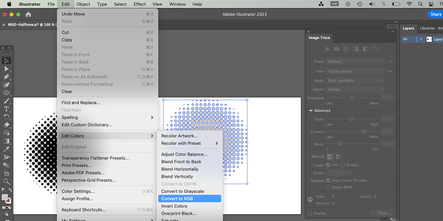 Adobe Illustrator Edit Colors menu