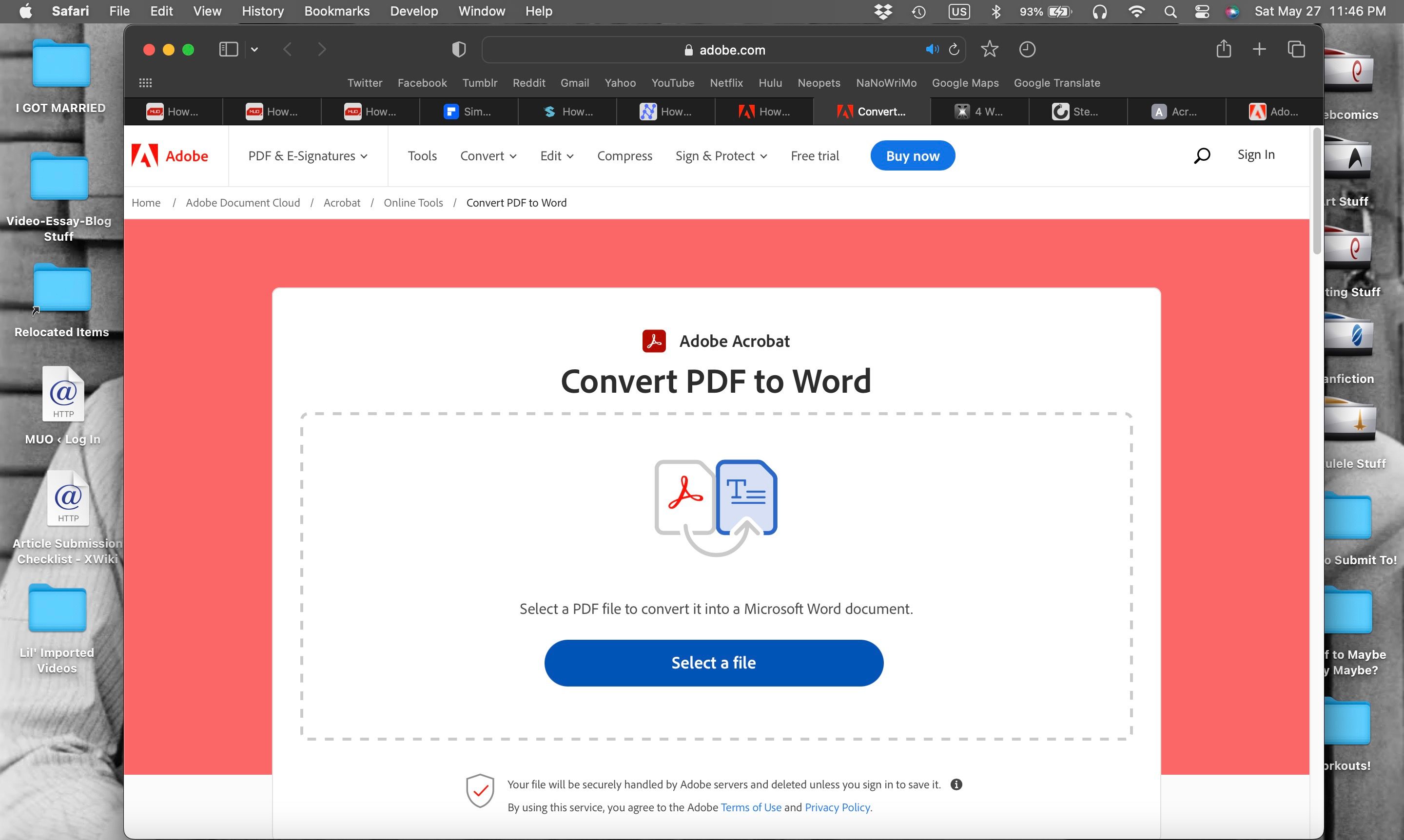 Halaman utama alat konversi PDF ke Word online Adobe terbuka di Safari di Mac