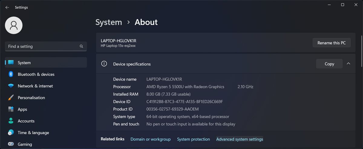 Advanced system settings in Windows 11