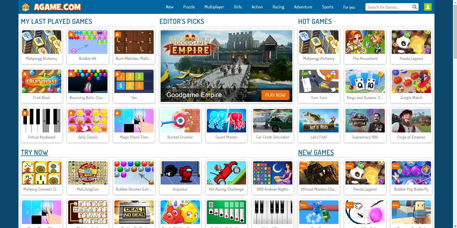 A Screenshot of Agame com Free Online Games Landing Page
