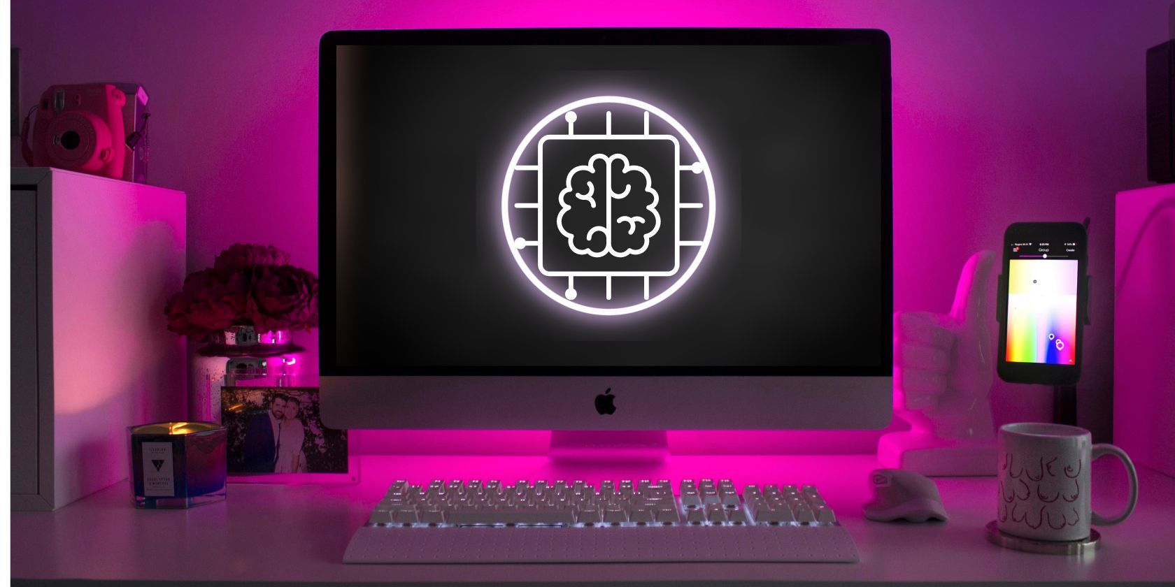 Desktop computer with AI symbol and illustration 