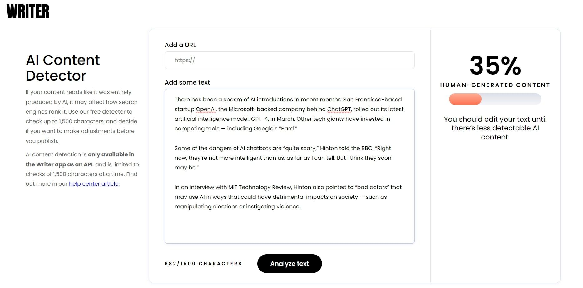 Writer.com's AI content detector, screenshot 